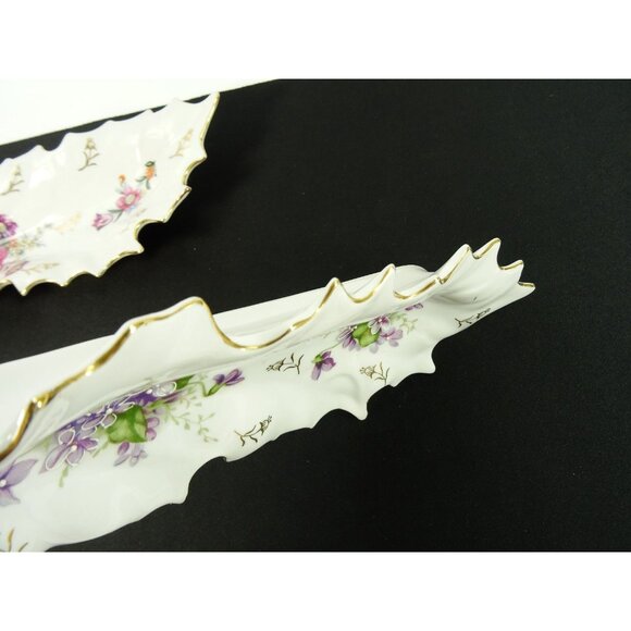 Vintage Dresden Style Leaf Dish Lot of 2 Hand Painted Floral Flowers Gold Trim - Picture 14 of 16